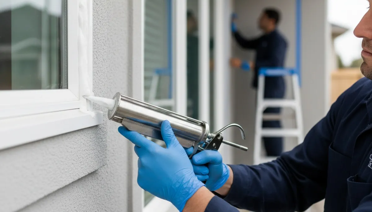 Painter applying exterior caulking for weatherproof sealing on Chandler AZ home