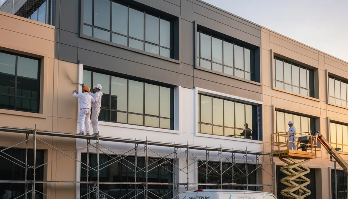 Professional commercial painters finishing an office exterior in Chandler, AZ
