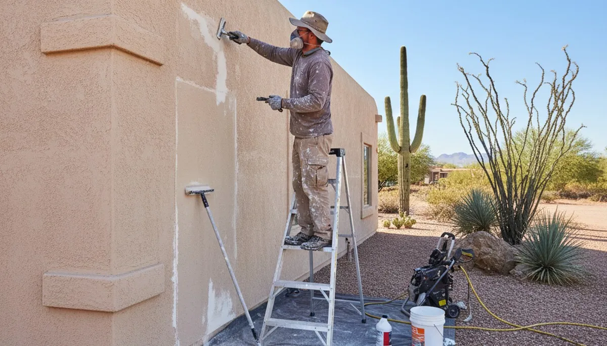 Painter preparing exterior stucco for new coating in Chandler, AZ with professional surface prep tools